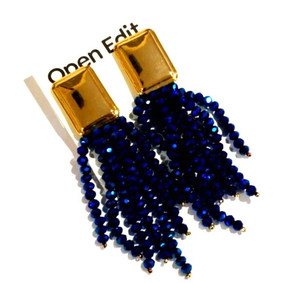 Open Edit Gold & Blue Beaded Tassel Clip-On Earrings – Statement Boho Jewelry - Picture 3 of 9